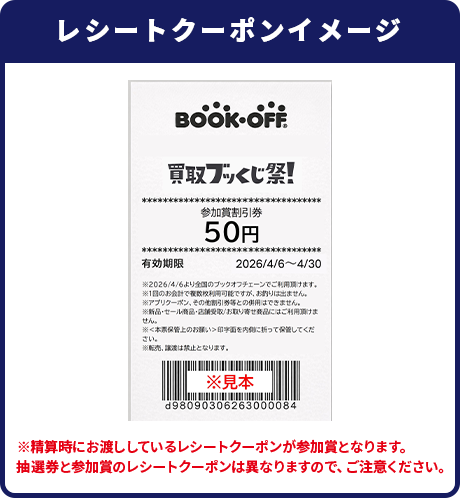 レシートクーポンイメージ ※精算時にお渡ししているレシートクーポンが参加賞となります。抽選券と参加賞のレシートクーポンは異なりますので、ご注意ください