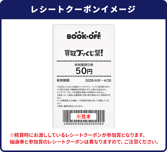 レシートクーポンンイメージ　※精算時にお渡ししているレシートクーポンが参加賞となります。抽選券と参加賞のレシートクーポンは異なりますのでご注意ください。
