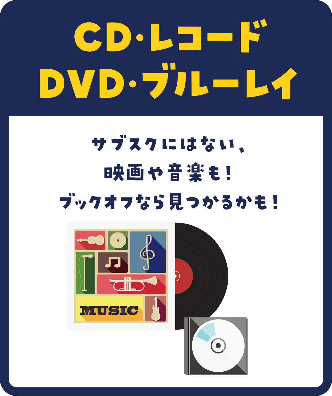懐かしのCDやレコード。映画やアニメ、ライブ映像のDVDやブルーレイなど、まとめてパッとお売りいただけます。