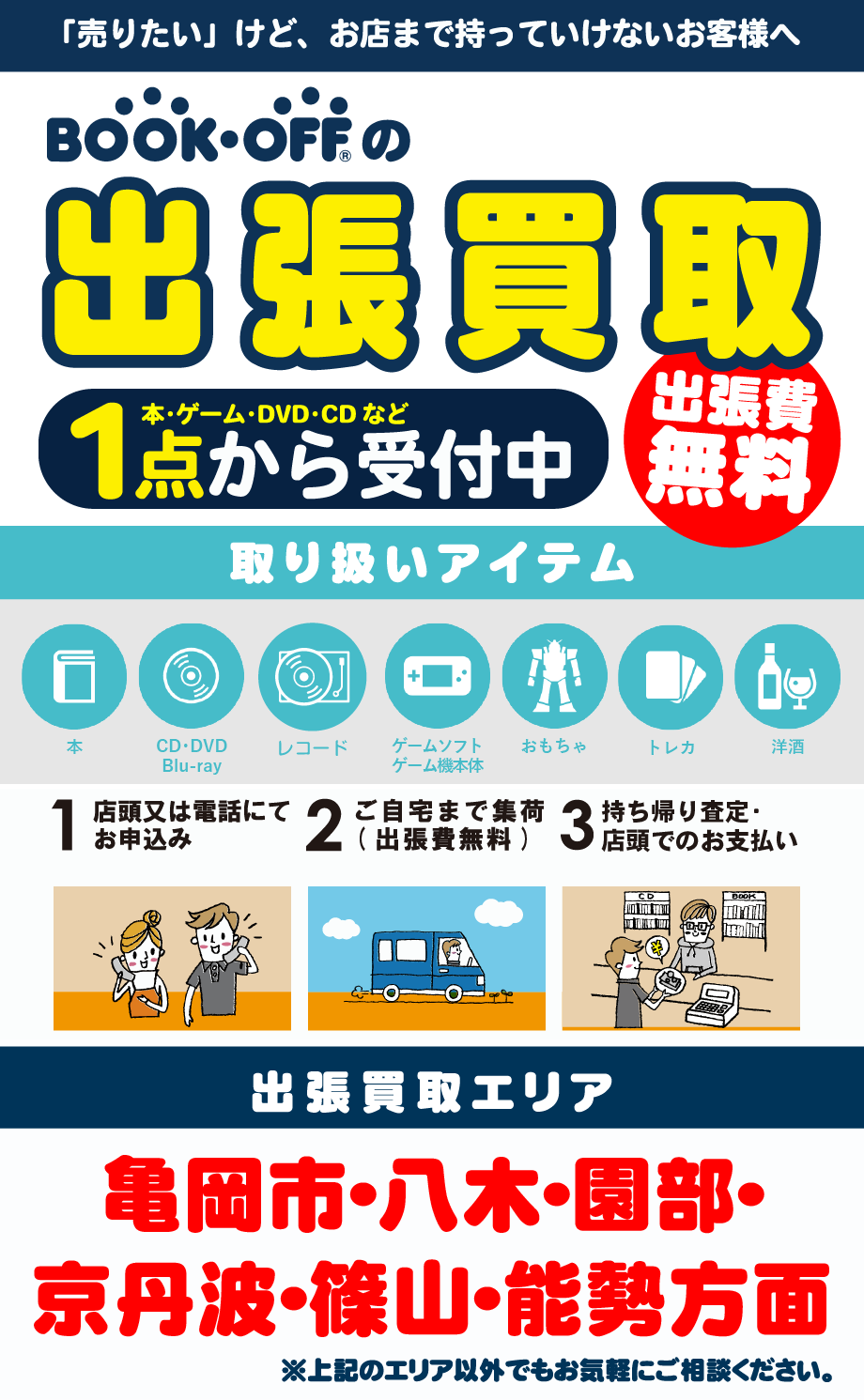 出張買取（エリア：亀岡市・八木市・園部・京丹波・篠山・能勢方面）